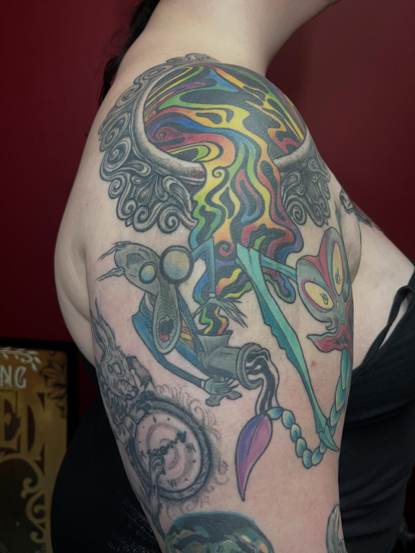 🌀🌀🌀Some healed, fun and trippy tattoos on my bestie. I remember watching Pink Floyd&rsquo;s The Wall on VHS as a teen and being mesmerized. Still a work in progress but I love how everything is coming together. The black and grey rabbit is from ab