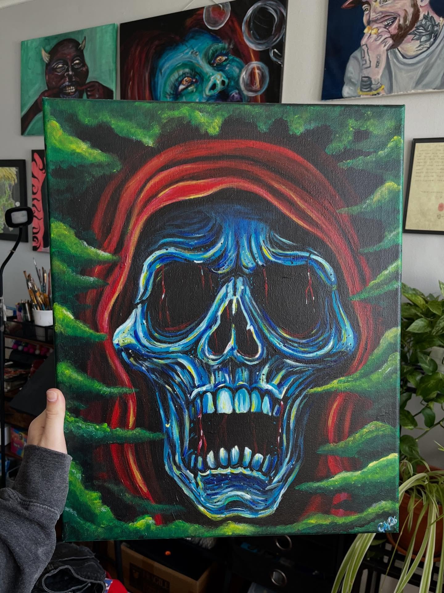 when all else fails, just paint a really cool reaper skull ☠️ 
Acrylic paint on 16x20&rdquo; canvas