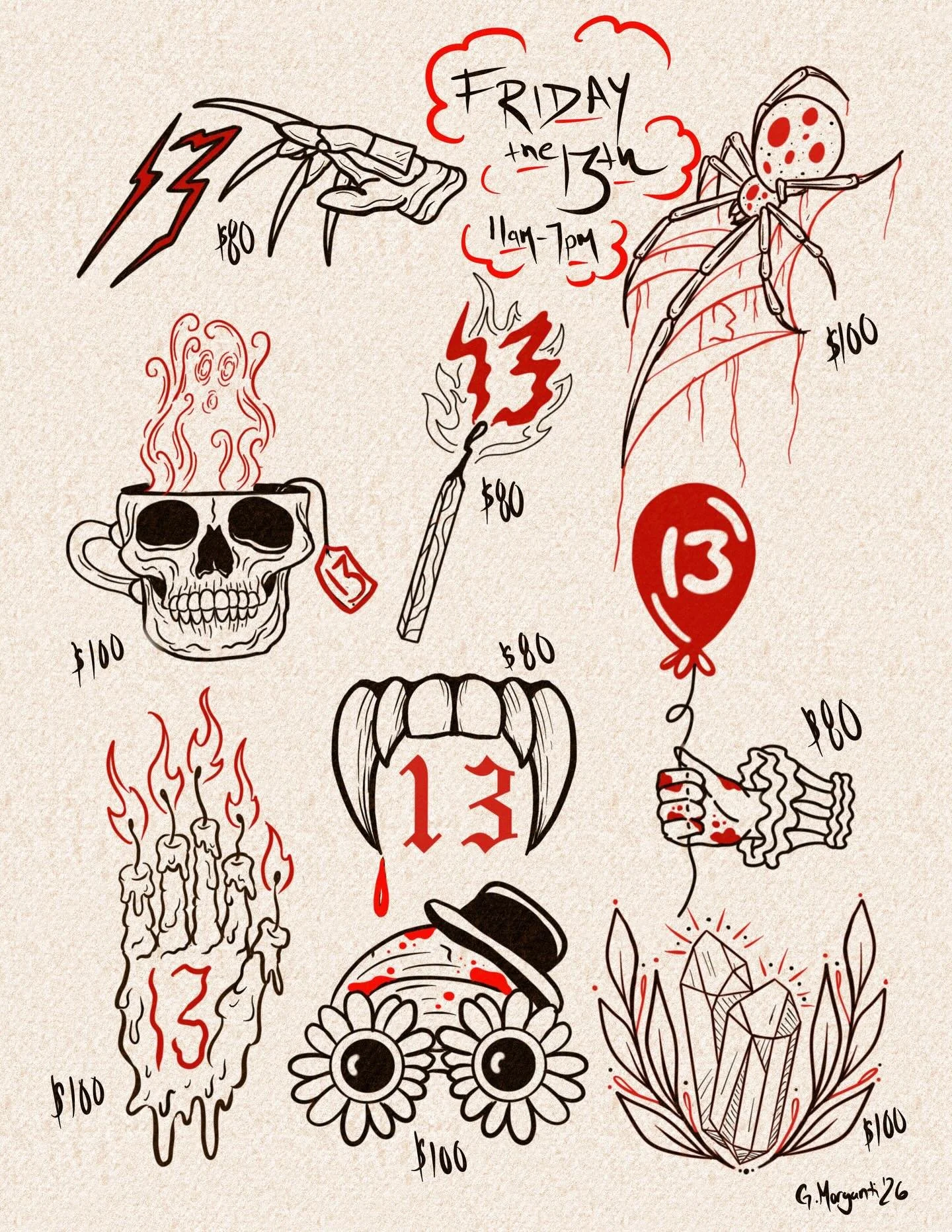 🩸Friday the 13th 🩸
11am-7pm
I drew up some new flash and put together some flash I haven&rsquo;t had the chance to tattoo from past Friday the 13th&rsquo;s. Designs can be tattooed more than once, black and grey with red or just black and grey. 3-4