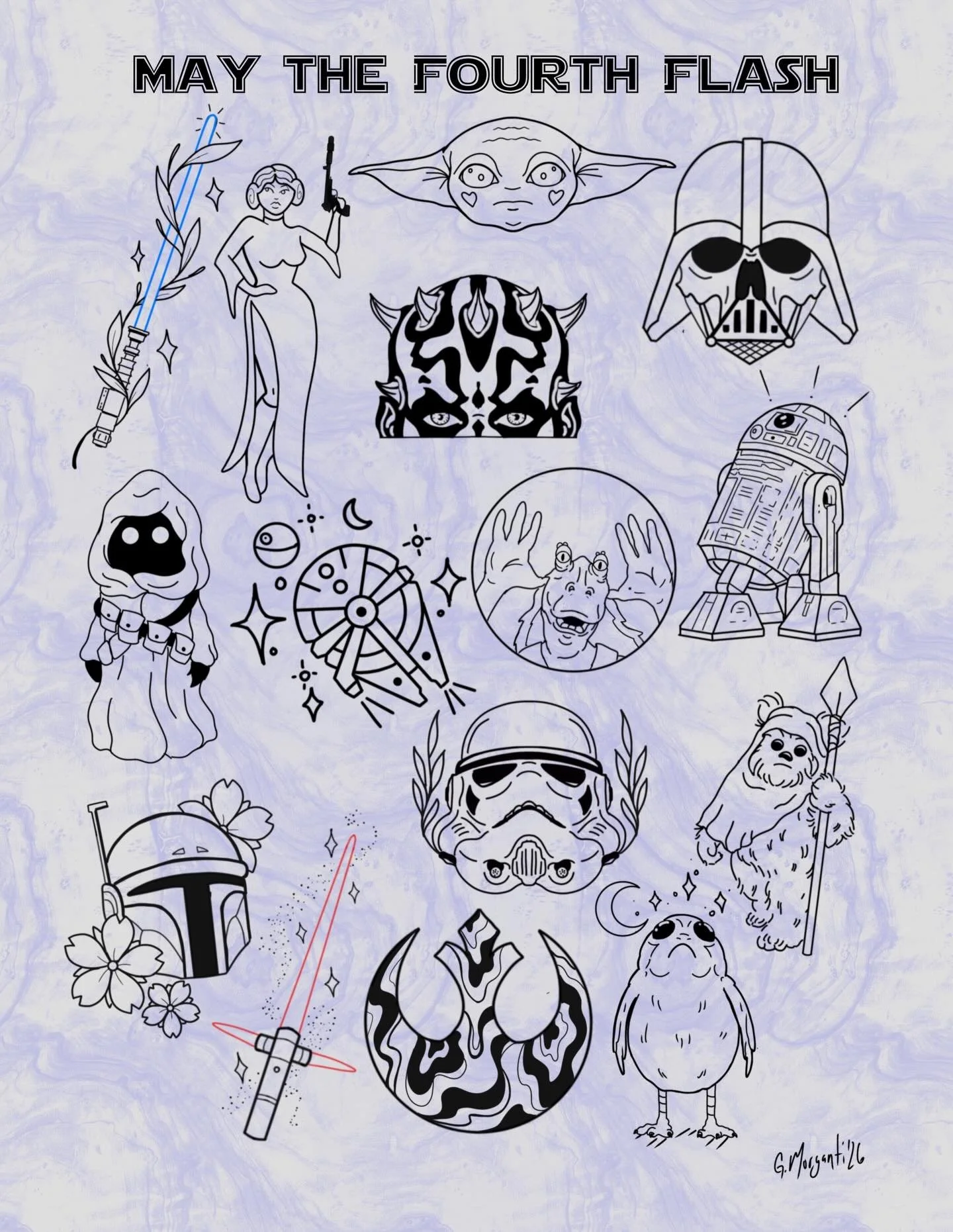 ⭐️May the Fourth Flash Day⭐️
Monday May 4th, 11am-7pm 
Designs 2-3 in, $80-100
Includes black &amp; grey shading
Arms &amp; Legs only 
Dm me to schedule a time! 💫