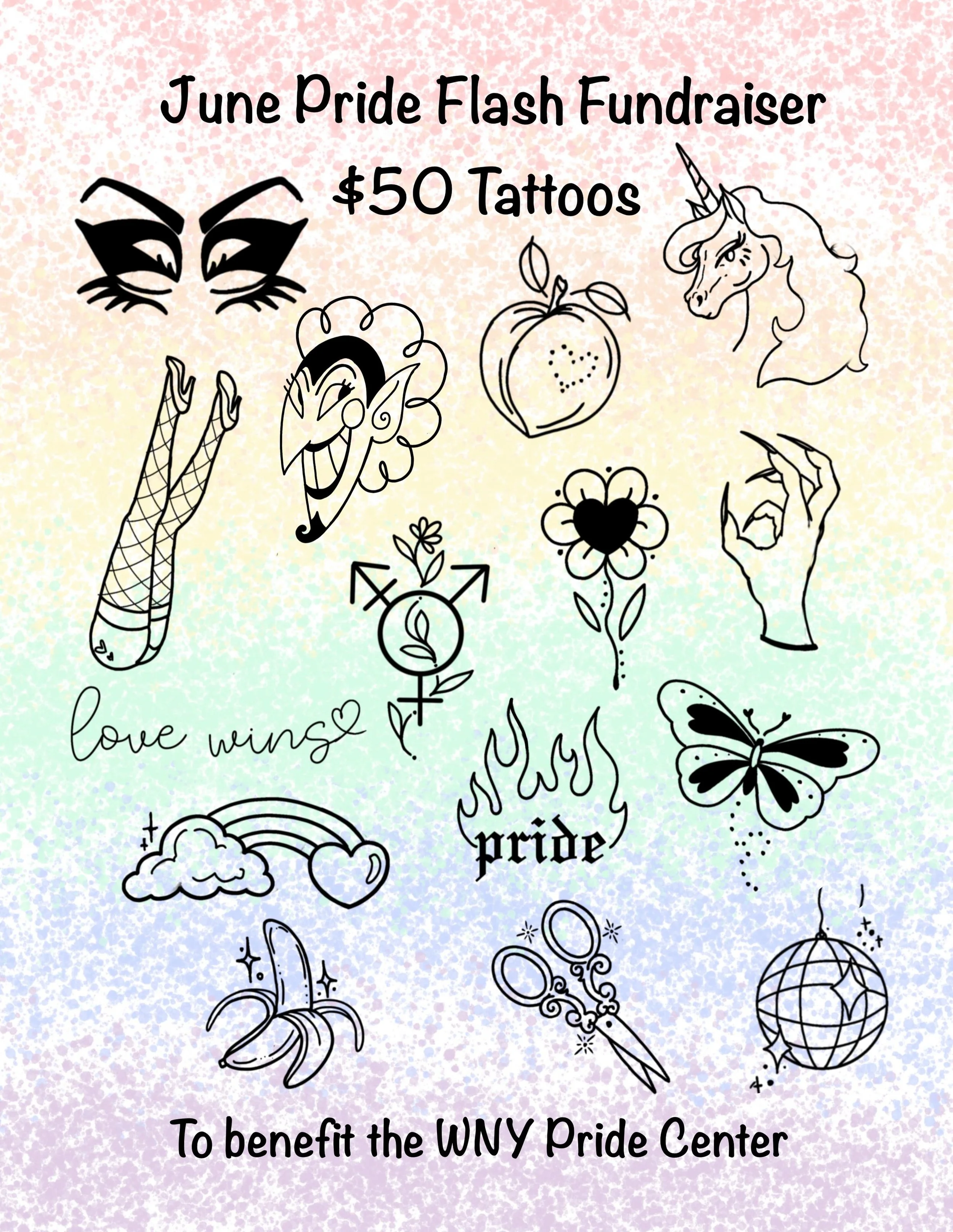 On Sunday, June 28, I&rsquo;ll be offering Pride Flash Tattoos for $50, with proceeds benefiting the WNY Pride Center.

Appointments will be available throughout the day, so send me a message to reserve your spot. If you already have a tattoo appoint