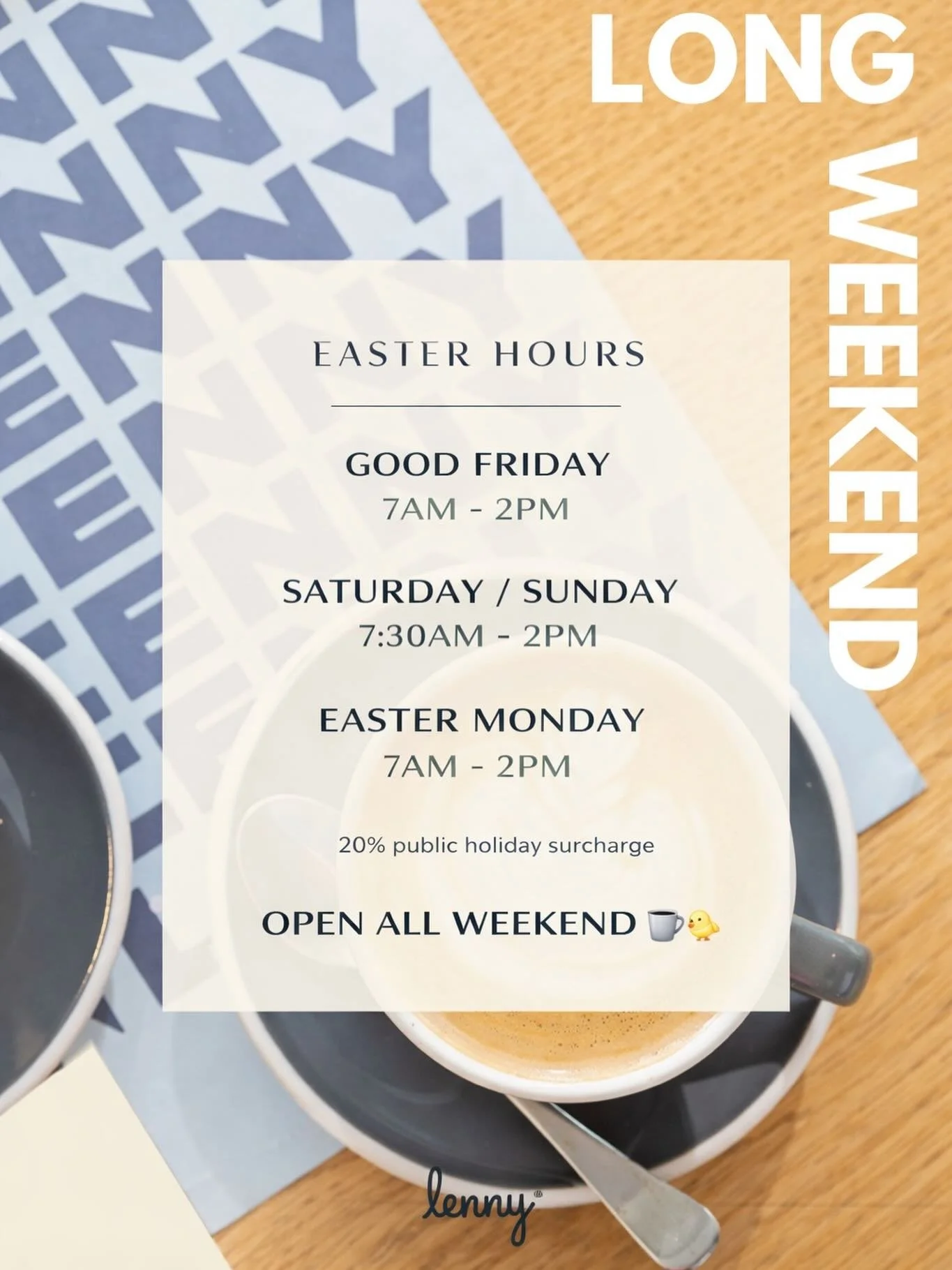 🌼🕒 Easter Opening Hours at Lenny! 🐰🌸
Celebrate Easter with us at Lenny, where we&rsquo;re spreading joy and deliciousness all long weekend! 🎉✨

Wishing you a wonderful Easter filled with love, laughter, and a scrumptious food! 🐣💕 

#melbournec