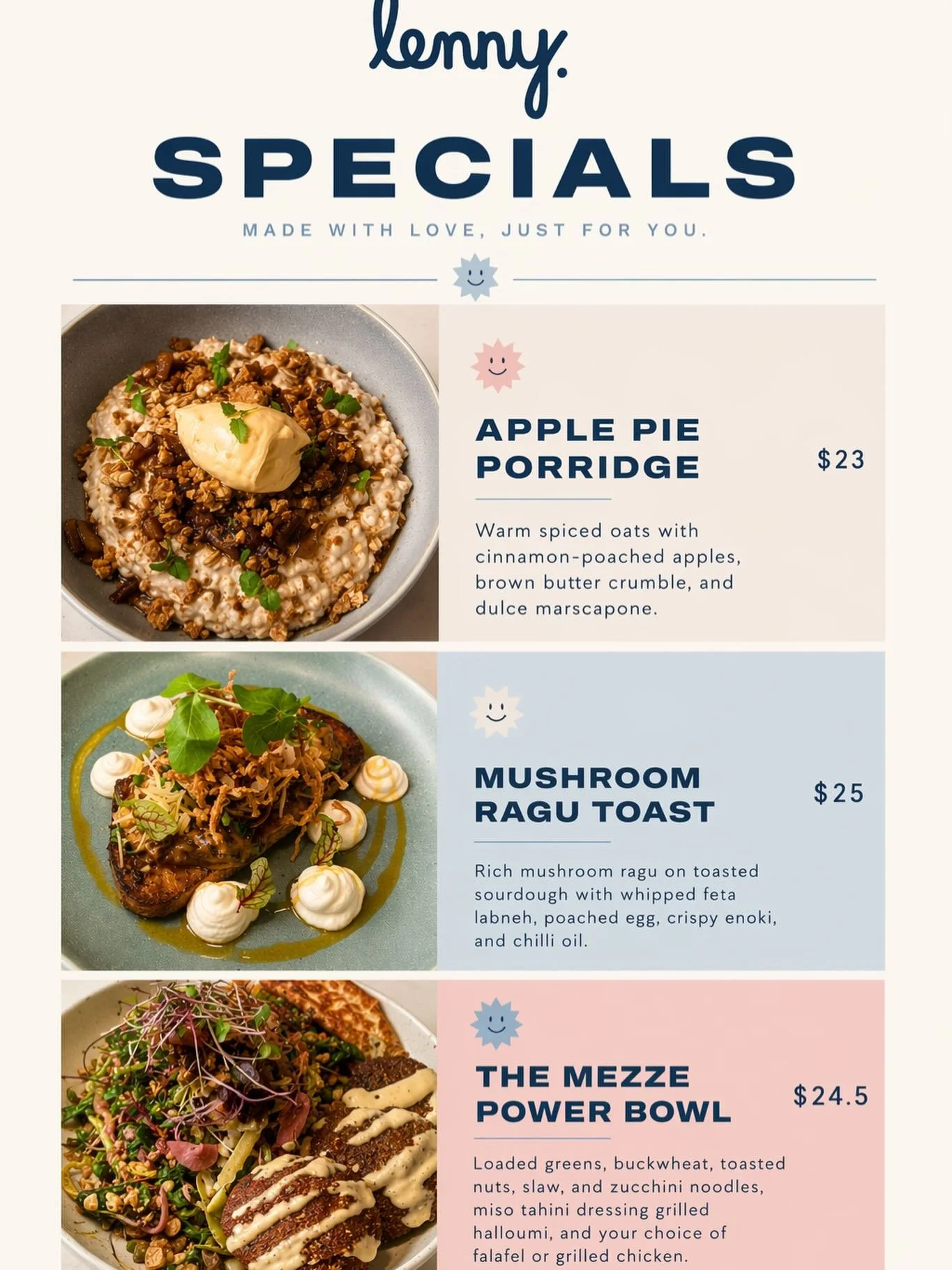 New specials just dropped ✨
made with love, just for you.

Apple Pie Porridge
The Mezze Power Bowl
Mushroom Ragu Toast

see you soon ♡

#melbcafe #melbfood #melbcoffee #albertparkcafe #albertpark