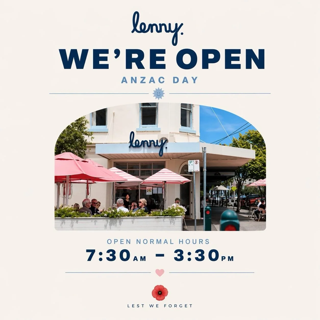 Open this Anzac Day ♡
7:30am &ndash; 3:30pm

See you in-store
Lest we forget

#melbcafe #albertparkcafe #melbfood #melbbreakfast #melblunch