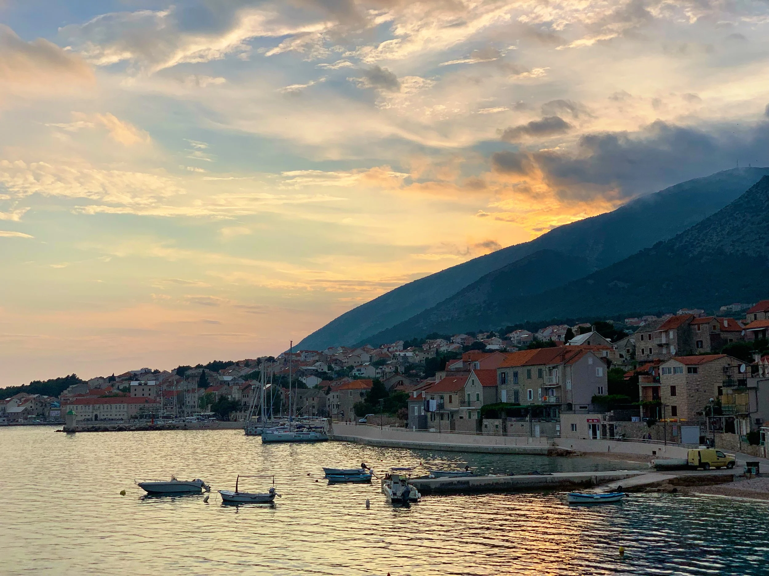 overlooking Bol harbor at sunset