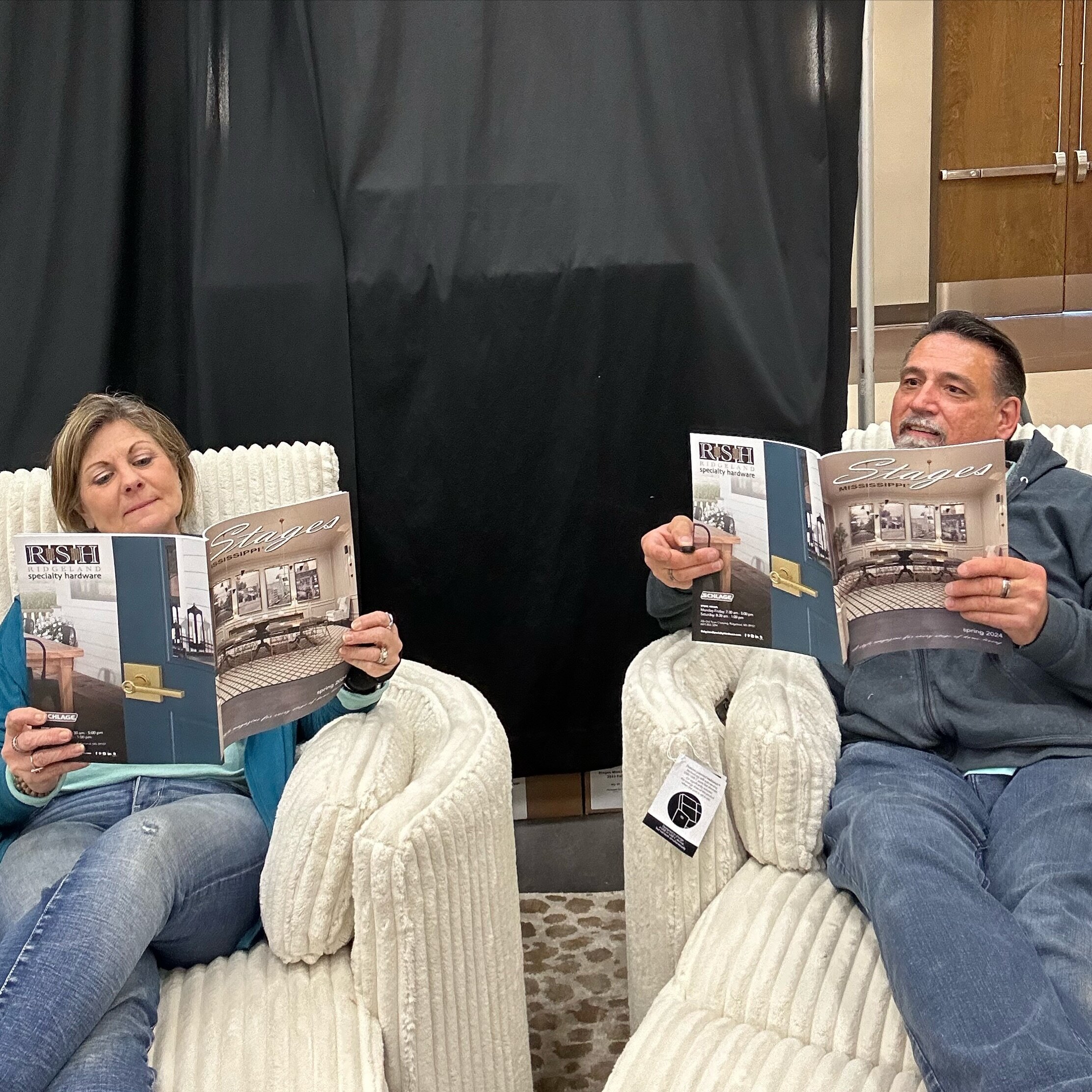 Susan and Stephen taking a break while setting up for The Home Show. Thank you Ross Furniture for the comfy chairs! @rossfurniture.ms  @hbajackson 

Come see us Saturday and Sunday 10-5 at the Clyde Muse Convention Center in Pearl. 

Stages MS

#stag
