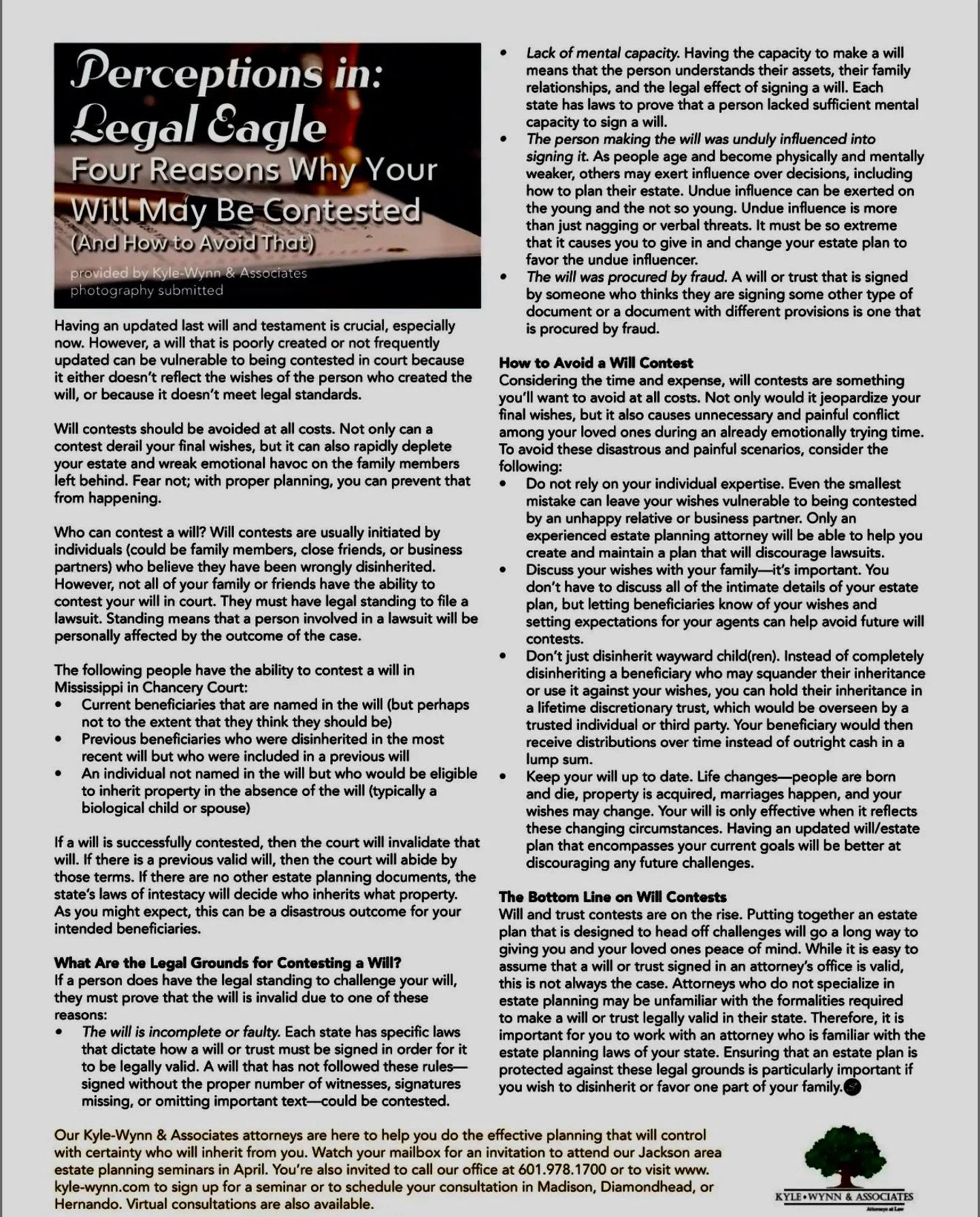 Kyle Wynn &amp; Associates, PLLC
@kylewynnassociates 

Check out Stages Mississippi Spring 2026, page 19, for &ldquo;𝑳𝒆𝒈𝒂𝒍 𝑬𝒂𝒈𝒍𝒆: 𝑭𝒐𝒖𝒓 𝑹𝒆𝒂𝒔𝒐𝒏𝒔 𝑾𝒉𝒚 𝒀𝒐𝒖𝒓 𝑾𝒊𝒍𝒍 𝑴𝒂𝒚 𝑩𝒆 𝑪𝒐𝒏𝒕𝒆𝒔𝒕𝒆𝒅 )𝑨𝒏𝒅 𝑯𝒐𝒘 𝒕𝒐 𝑨𝒗𝒐𝒊𝒅