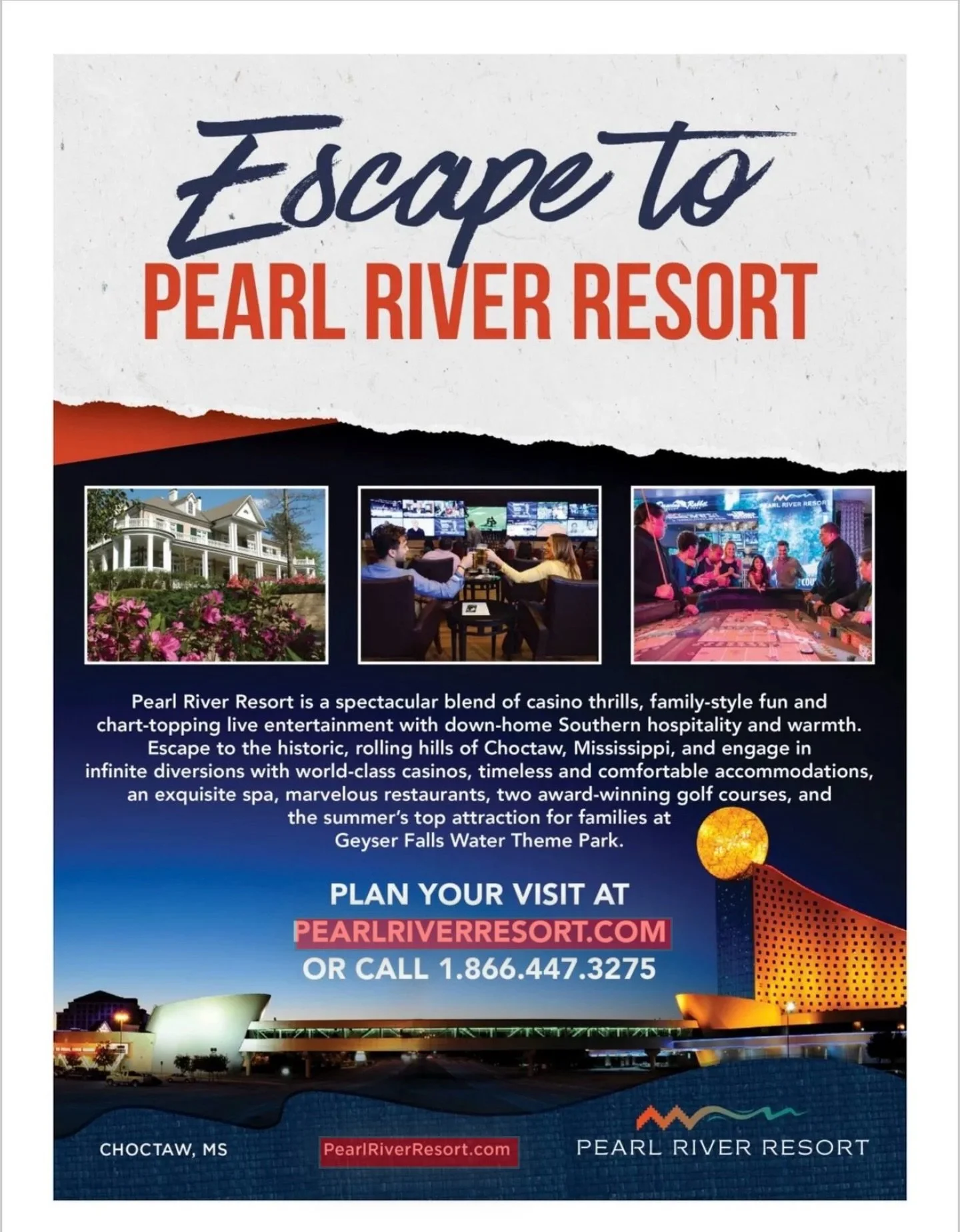 𝐸𝑠𝑐𝑎𝑝𝑒． 𝑃𝑙𝑎𝑦． 𝑅𝑒𝑙𝑎𝑥．

Head to Pearl River Resort for the ultimate getaway&mdash;casino thrills, amazing food, live entertainment, and family style fun all in one place! @prrofficial 

Your perfect escape is waiting.

Stages Mississippi