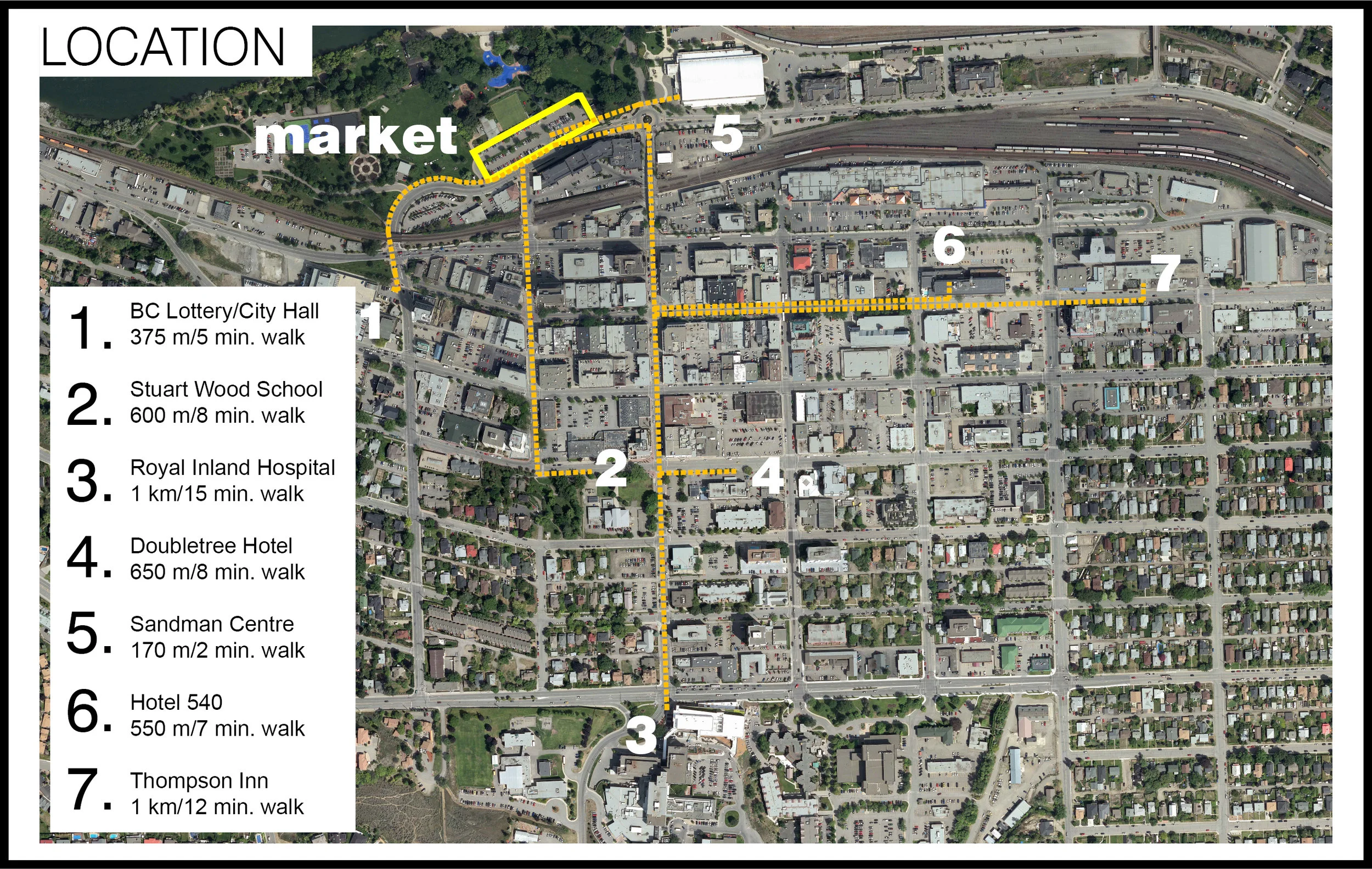 The bright yellow box shows the proposed location of the Kamloops Public Market Cooperative using an existing parking lot in Riverside Park across from the Sandman Inn and yet still very accessible to downtown Kamloops.