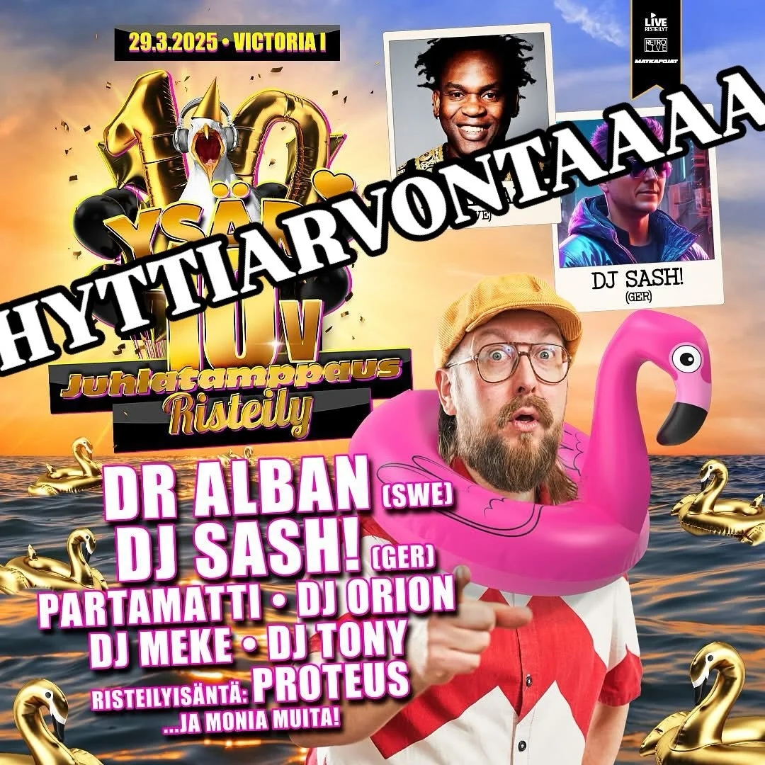 🪩 YS&Auml;RI 10V RISTEILYN HYTTIARVONTA!! 🪩
29.3. aivan j&auml;rjett&ouml;m&auml;t bakkanaalit laineilla: ys&auml;riristeilyjen 10 &ndash;vuotisjuhlareissu!! 🎊✨

Kaikkien 90&rsquo;s-fanien unelmaseilauksella meno on entist&auml;kin kuumempi, kun l