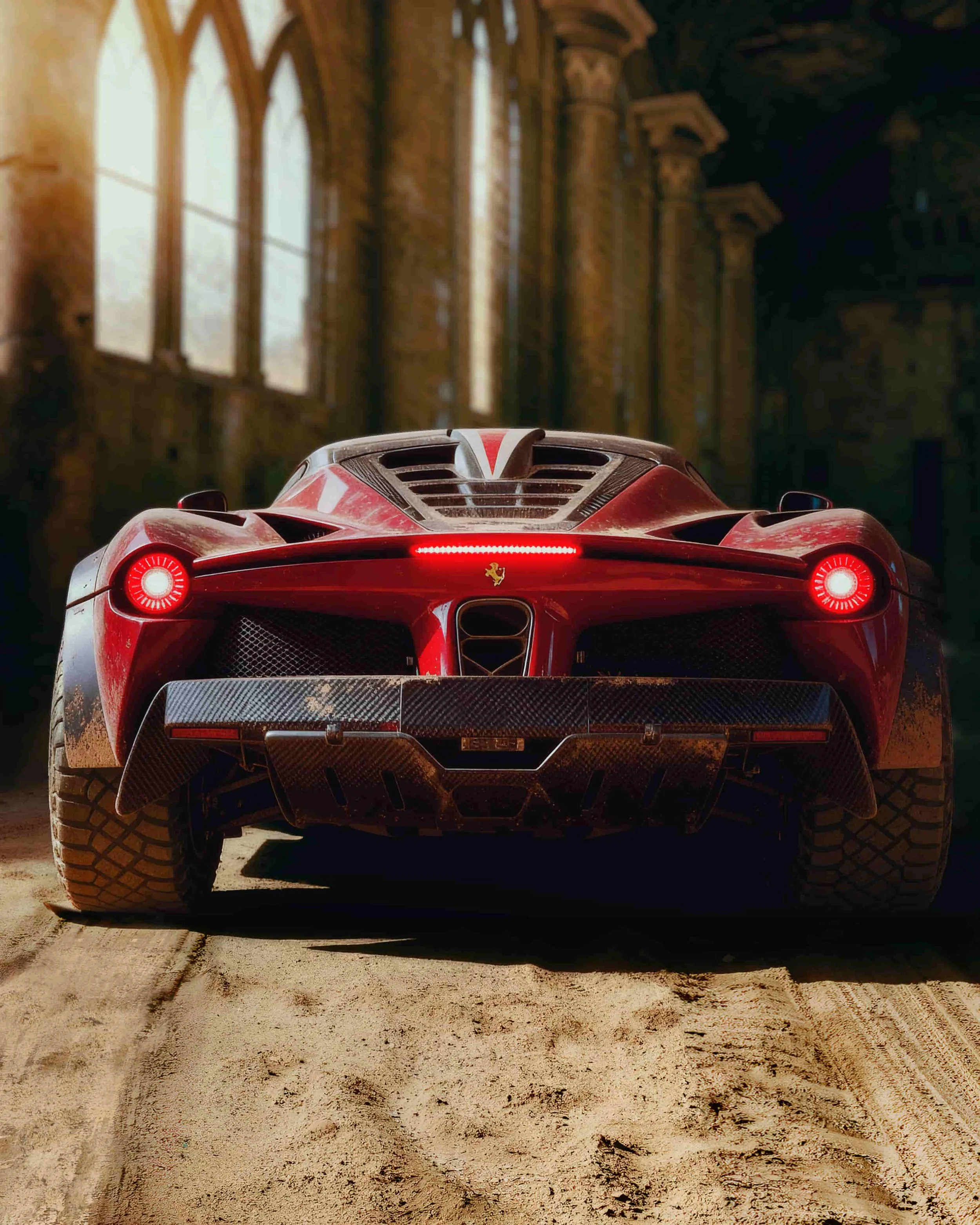 Parte trasera de un coche rojo deportivo, probablemente un Ferrari, estacionado en un camino de tierra con huellas, en un ambiente con un edificio antiguo con ventanas grandes y arcos en el fondo, iluminación cálida.