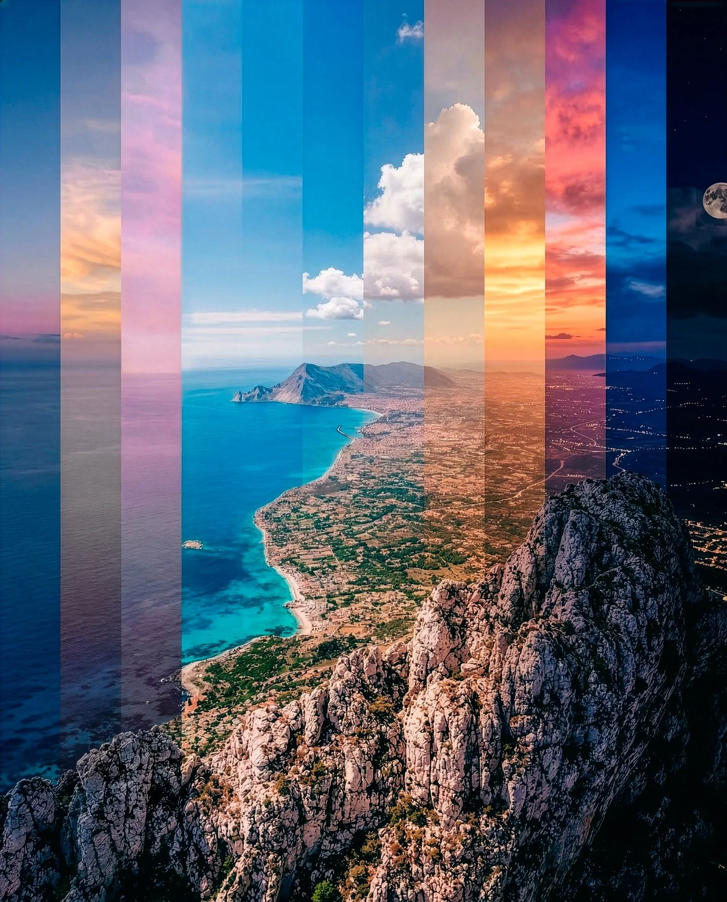 Un mismo paisaje. Un solo encuadre. Todo un d&iacute;a dentro de una imagen.

Esta imagen es un **Time Slice**, una forma de representar el paso del tiempo en una sola escena. Cada franja muestra un momento distinto del d&iacute;a: desde las primeras