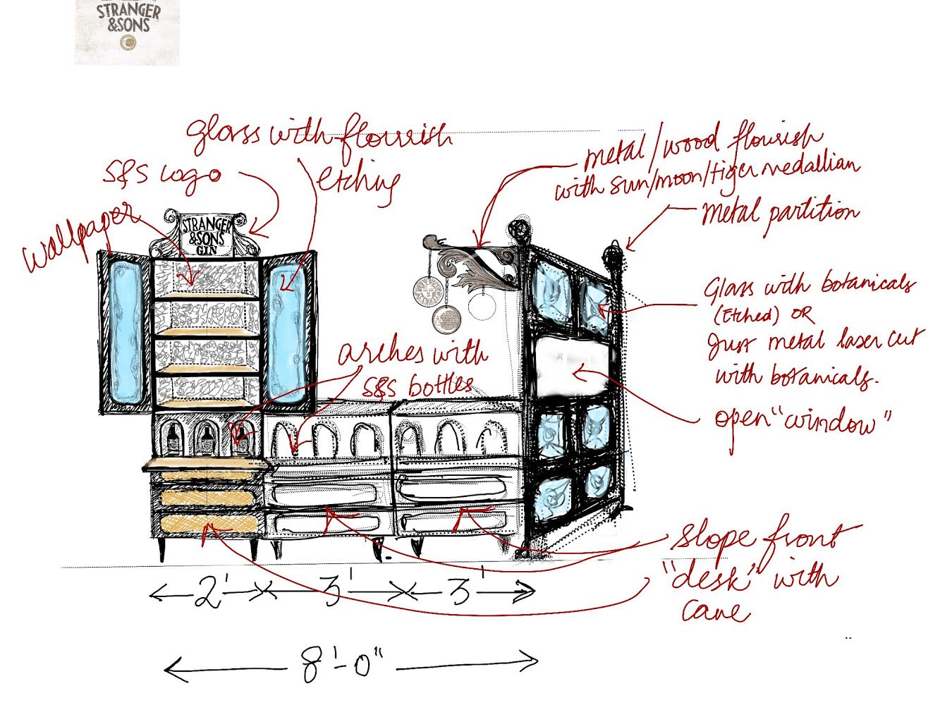  The sketches that lead to the exhibition bar we designed along with branding agency Please See for homegrown gin brand Stranger &amp; Sons 