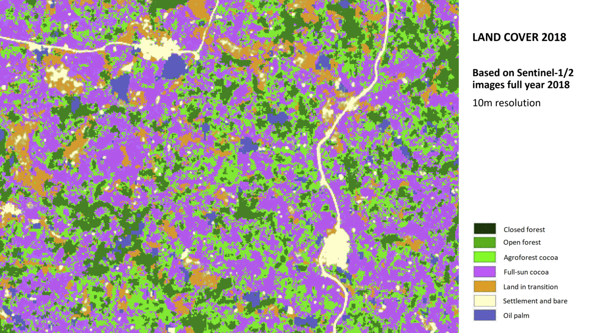 Comparison of Pleiades 0.5m imagery with our Sentinel-based 10m cocoa land cover map. Despite a 3 year difference, clusters of trees correlate very well with the agroforestry cocoa (light green) and forest (dark green) patterns in our map based on 10m Sentinel data. Pleiades Image ©CNES/Airbus