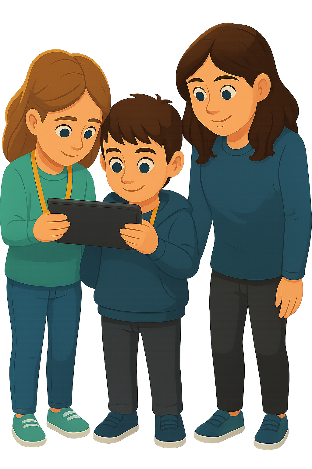 Drei kinder, die zusammen ein Tablet anschauen, während eine erwachsene Frau daneben steht und zuschaut. Monster in Basel