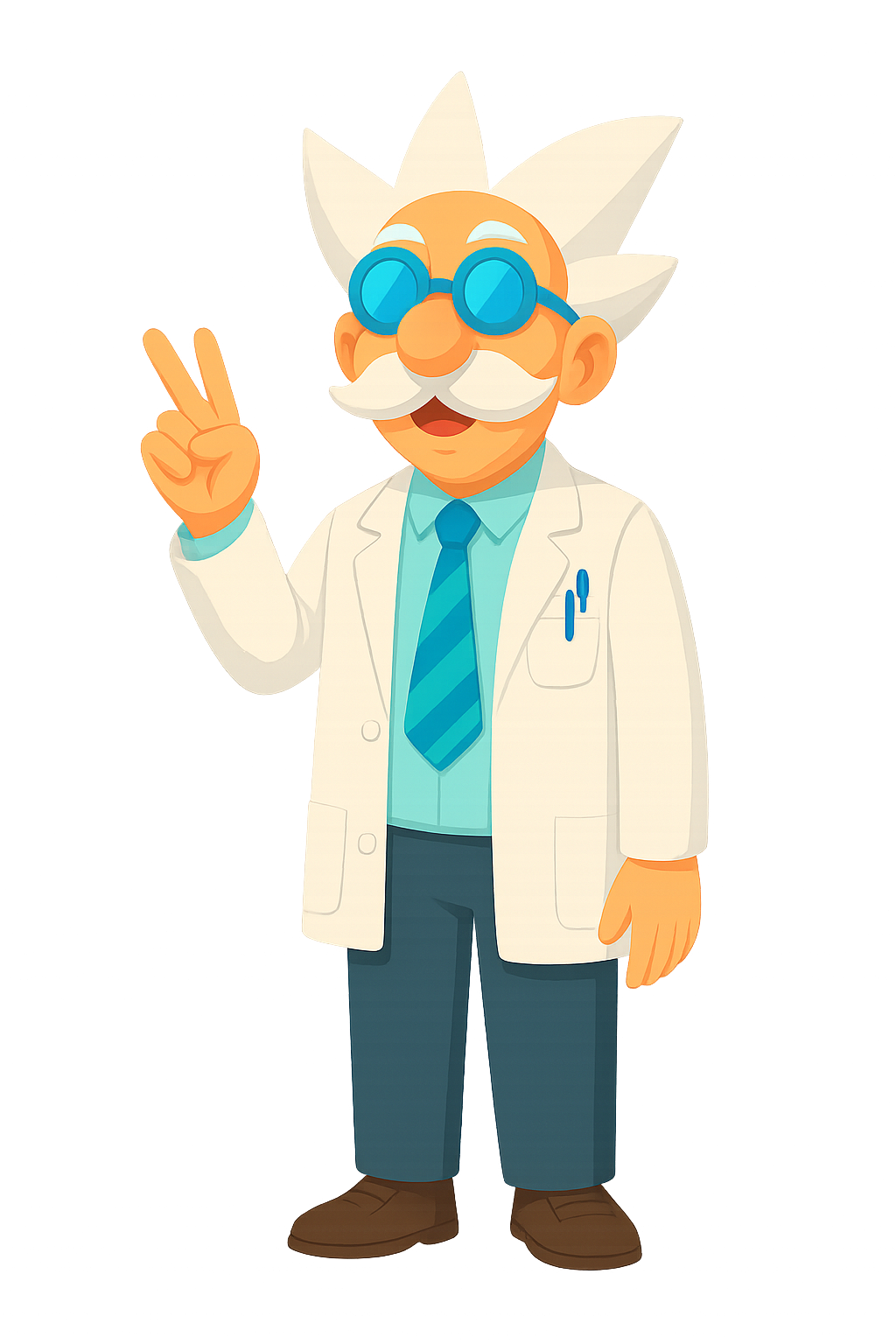 Cartoon-Ärzte mit weißen Laborkitteln, eine trägt blaue Schutzbrille, winkt und macht die Victory-Geste.