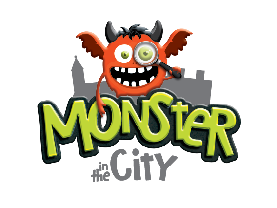 Ein lustiger, orangefarbener Monster mit Flügeln, Hörnern und einem großen Lächeln neben dem Wort "Monster in Basel" in grüner Schrift