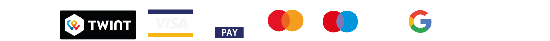 Logos verschiedener Zahlungs- und Kreditkartenanbieter, darunter Twint, VISA, V PAY, Mastercard, Monetra, Google Pay und Apple Pay.