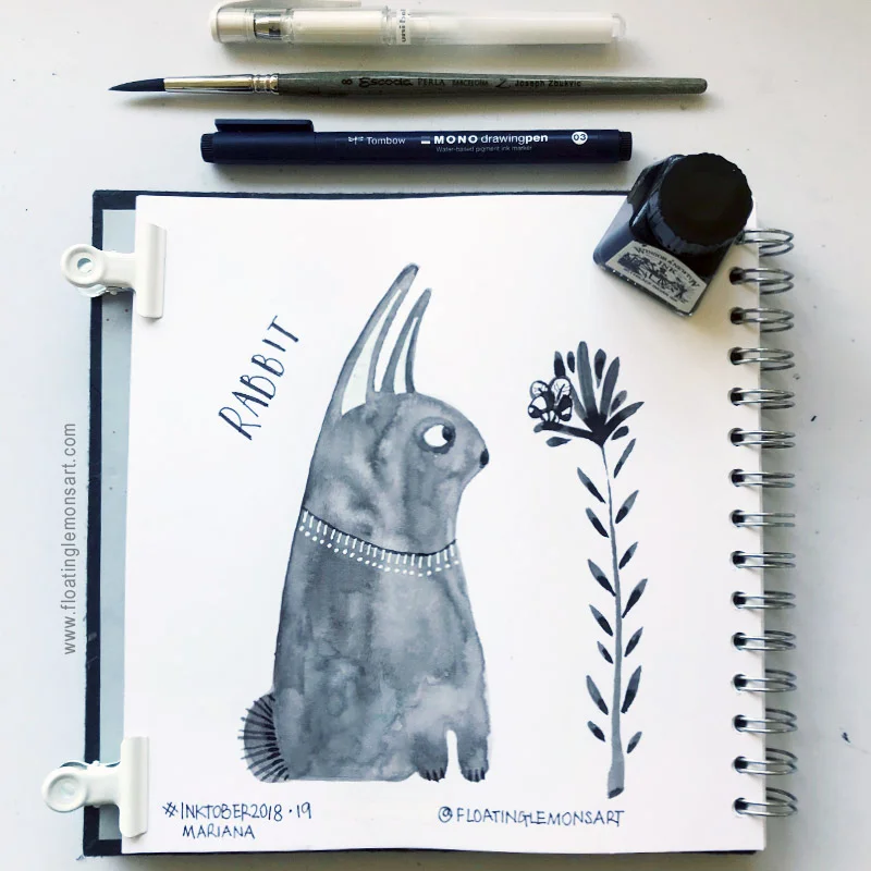 Inktober 19: Rabbit (and a wee bee that flew in!)