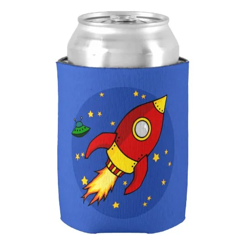 Rocket red yellow Can Cooler by Floating Lemons for Zazzle USA and UK