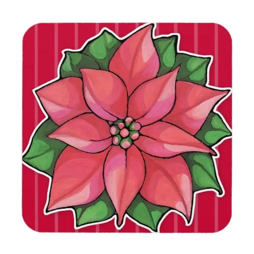 Poinsettia Joy red Cork Coaster by Floating Lemons for Zazzle USA and UK