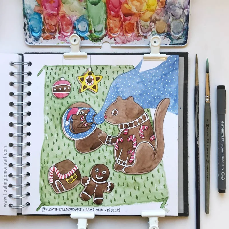 Gingerbread House, Caturday, Holiday Sweater, Snow Globe, and Holiday Cookies, by Mariana : Floating Lemons Art