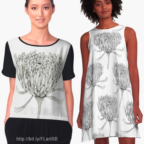 Ink Chrysanthemum Chiffon Top and A-line dress by Floating lemons Art for Red Bubble