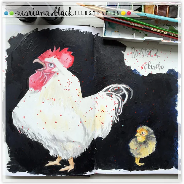 Rooster and Chick by Mariana: Floating Lemons Art