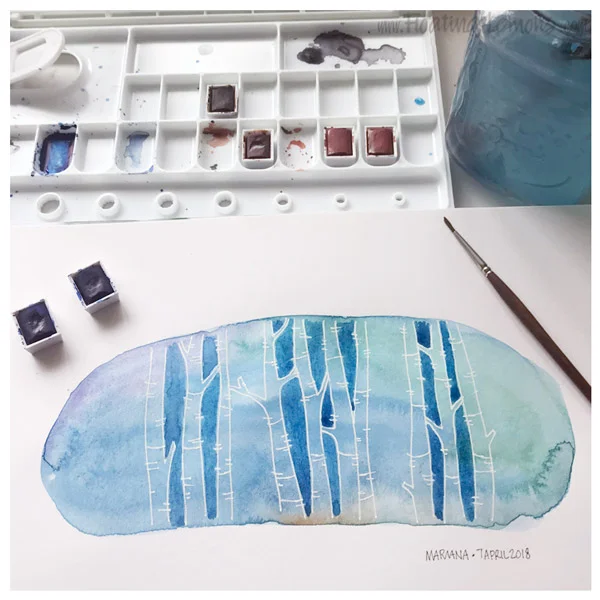 Trees on Blue Wash by Mariana: Floating Lemons Art