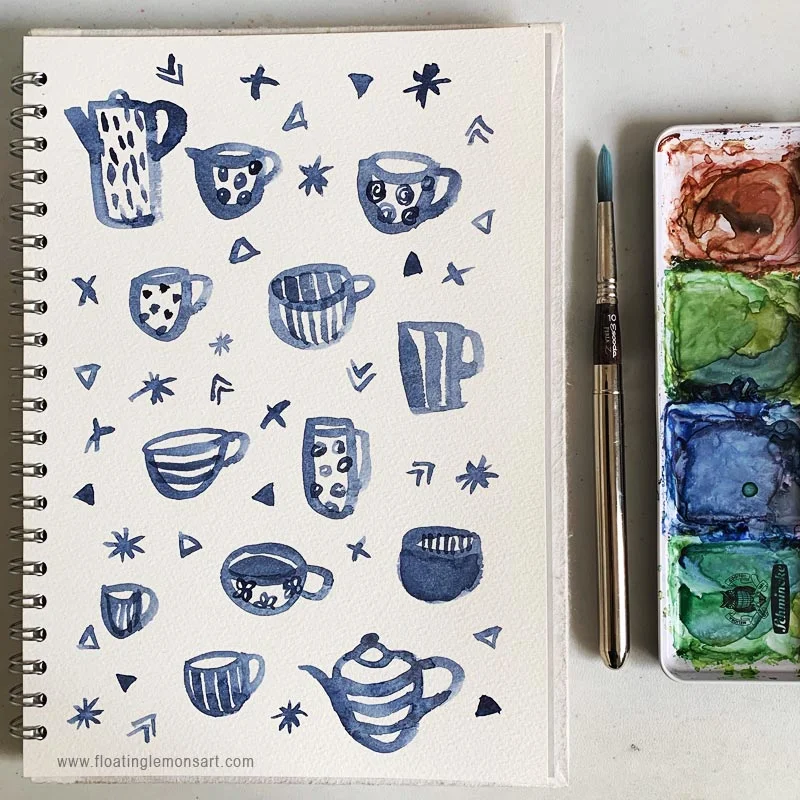 Indigo Tea and Coffee Cups and Pots by Mariana: Floating Lemons Art