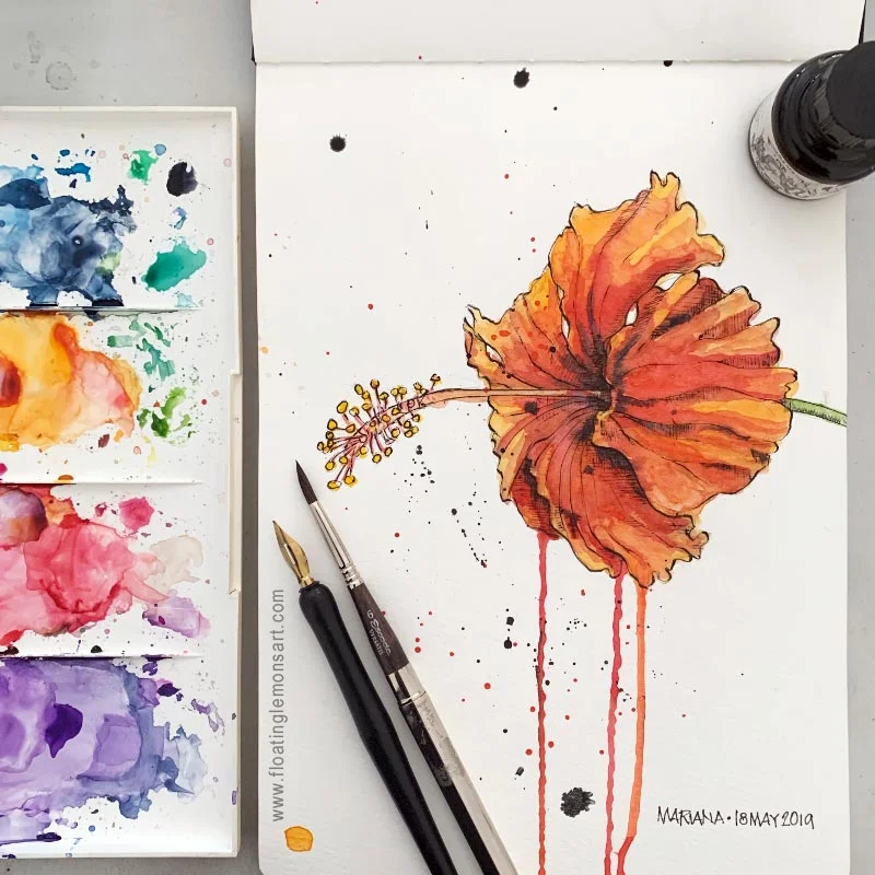 Inky Hibiscus by Mariana: Floating Lemons Art