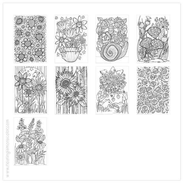 Quirky Botanical & Friends Colouring Book , a few sample pages: www.floatinglemonsart.com