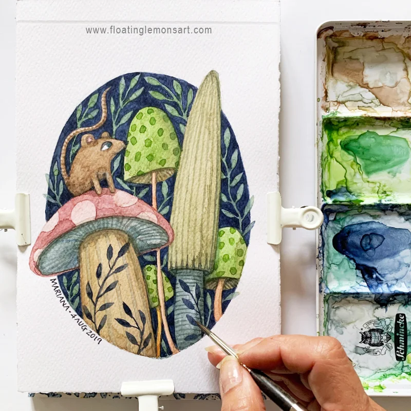 Mouse Musing on Mushroom by Mariana: Floating Lemons Art