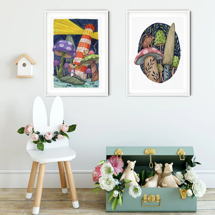 Mushrooms Mice Lighthouse and Mouse on Mushroom eco-friendly A3 art prints by Mariana Black