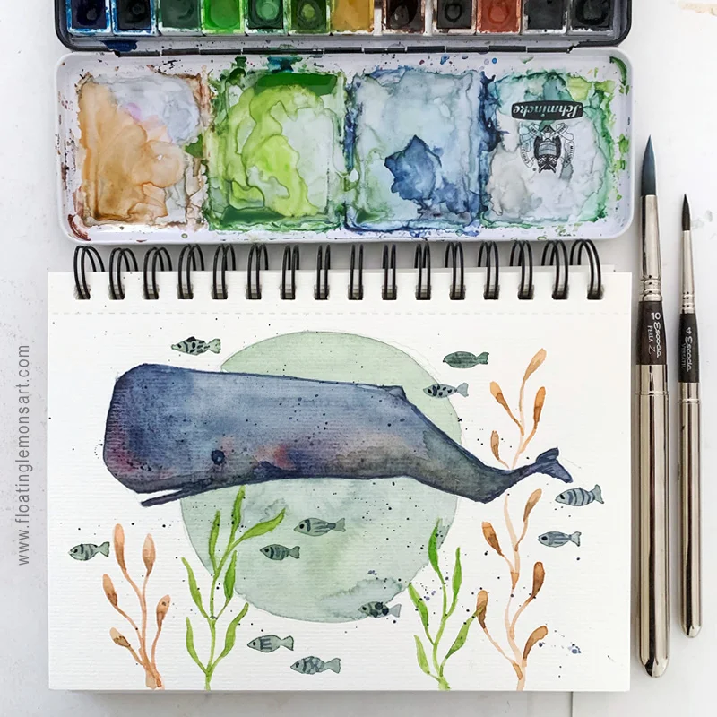 Sperm Whale watercolour illustration by Mariana: Floating Lemons Art