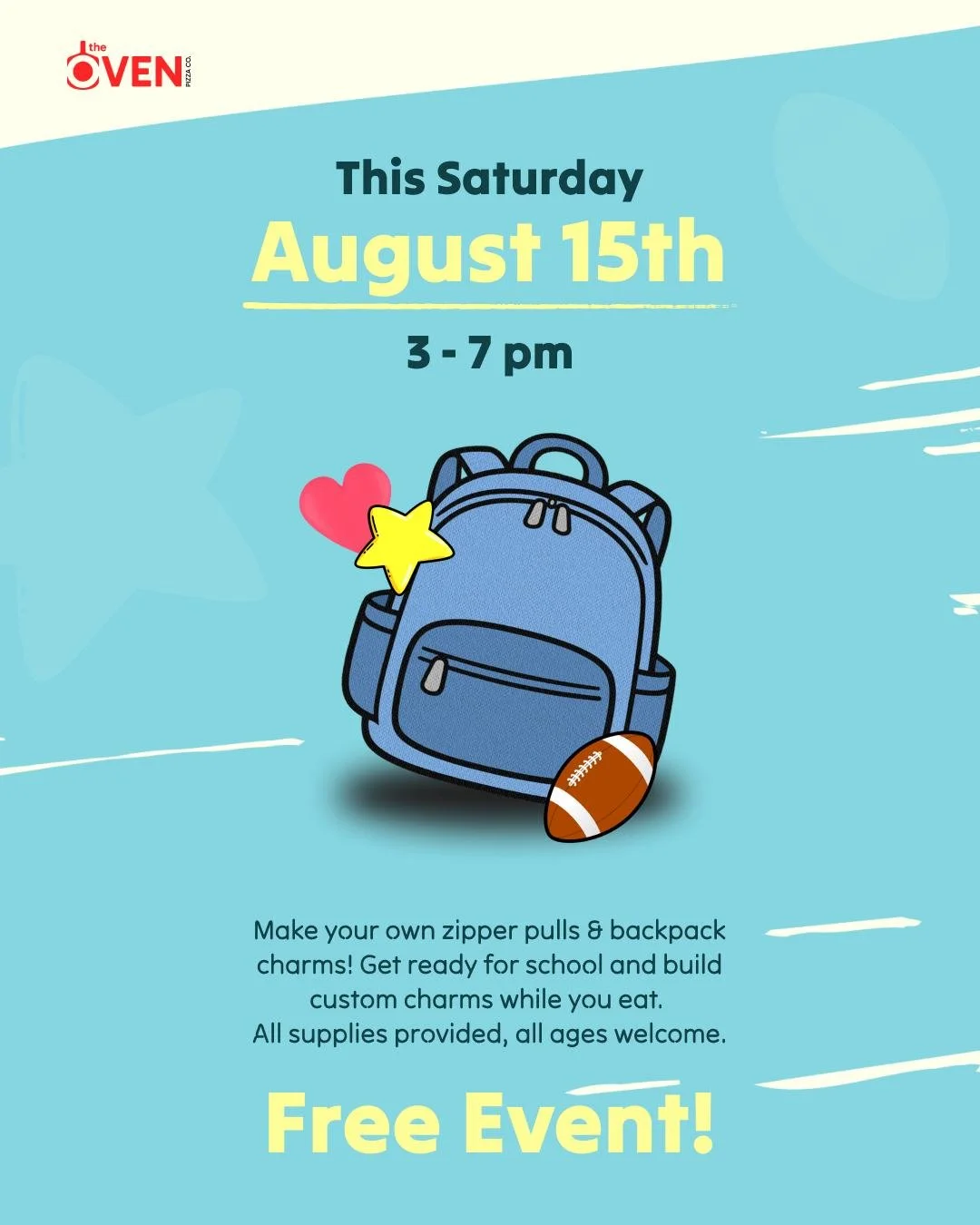🎒Free event this Saturday, August 15th! Come in and make custom backpack charms for back to school. Supplies provided, and all ages welcome!🎒