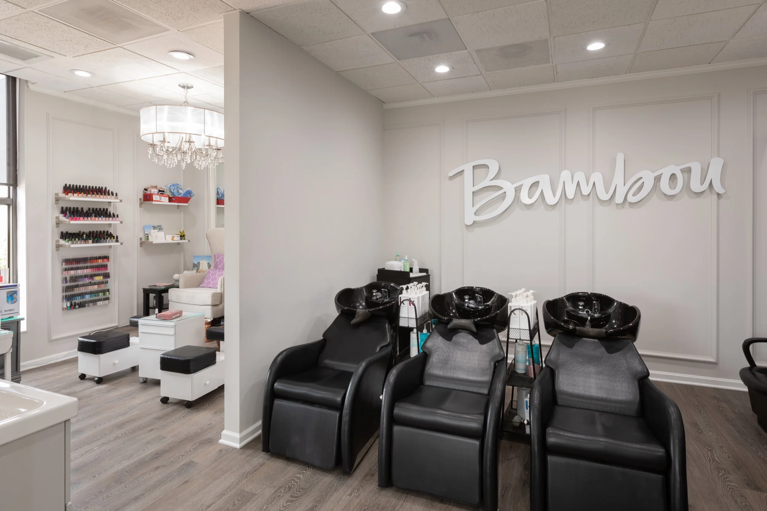 Hair-washing and nail stations at Bambou Salon