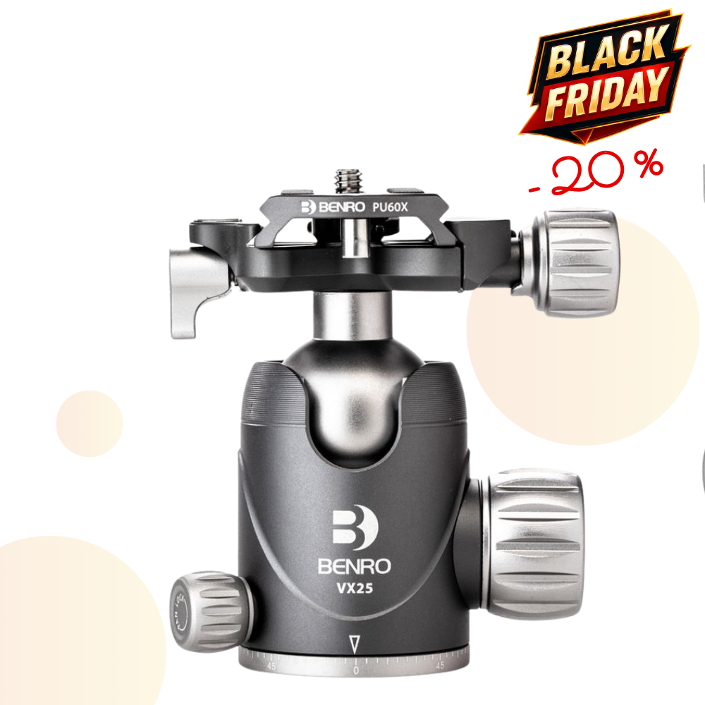 BENRO VX25 -20% ! Tête rotule à friction double mode panoramique + Plateau PU60X - Capacité 25 Kg / Poids 340 g !