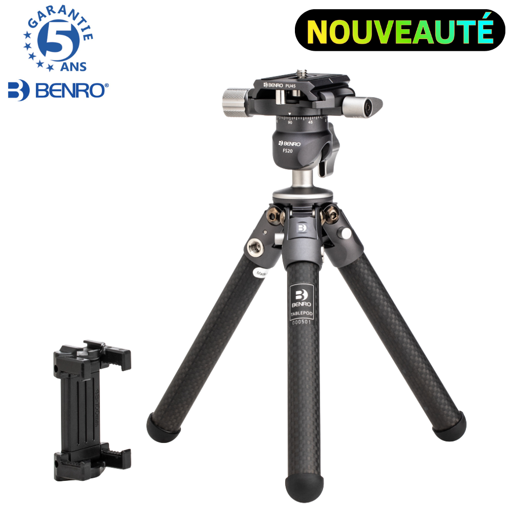 BENRO TABLEPODKIT Trépied de table fibre de carbone avec rotule FS20 Arca Swiss pour boitier et smartphone 250 g Capacité 3 Kg
