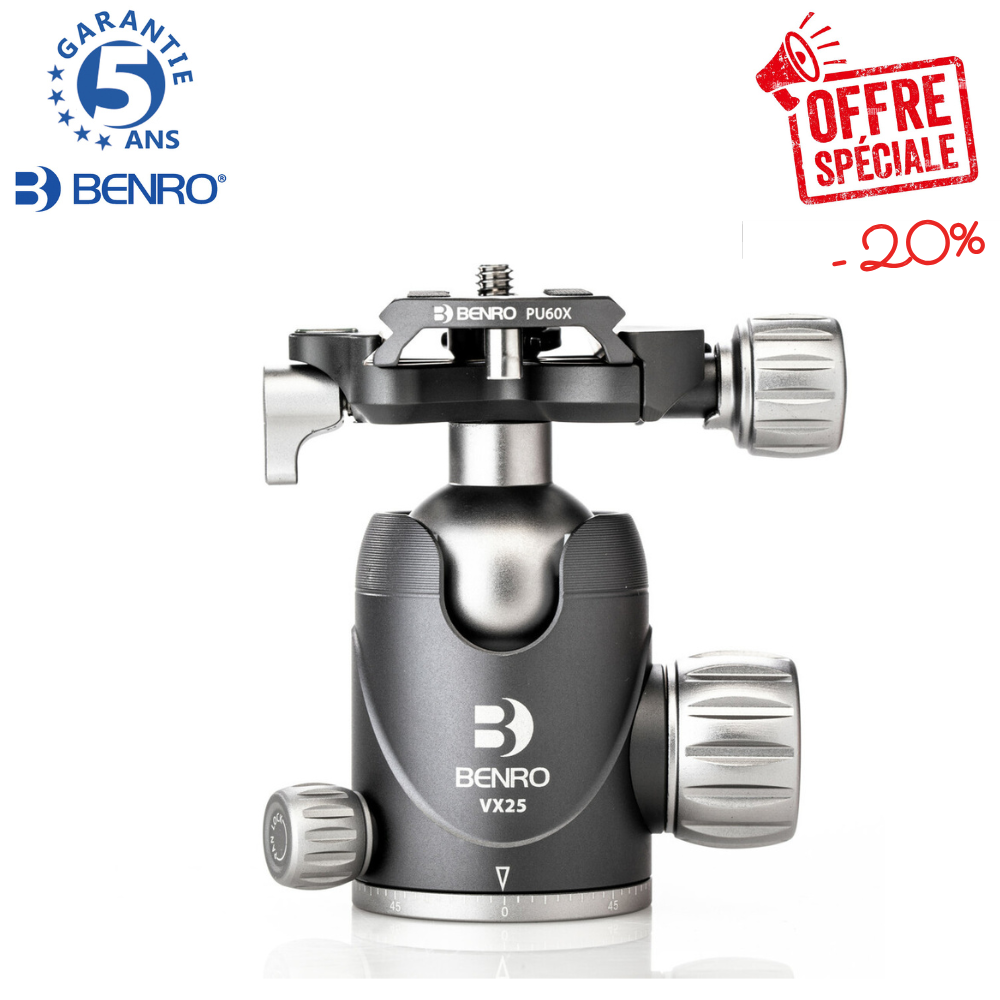 BENRO VX25 -20% ! Tête rotule à friction double mode panoramique + Plateau PU60X - Capacité 25 Kg / Poids 340 g !