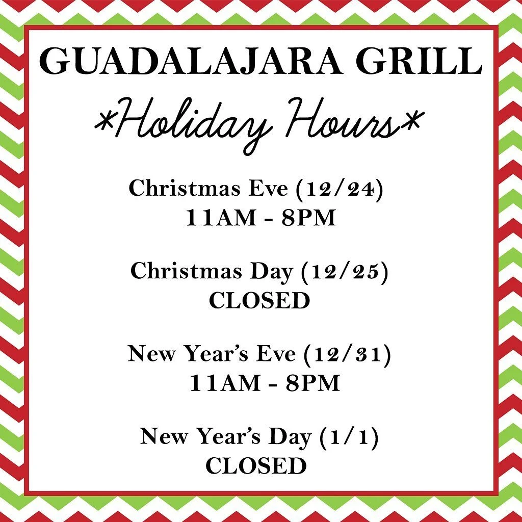 See post for our Holiday Hours for 2022. Last seating for Xmas Eve and NYE will be 7pm. Kitchen will close at 730pm. Felices Fiestas🎄🎅🏽🎁🍾🎉

#hotplatehotplate #guadgrill #holidayhours2022 #feliznavidad #concordeats #eastbayeats #visitconcordca #