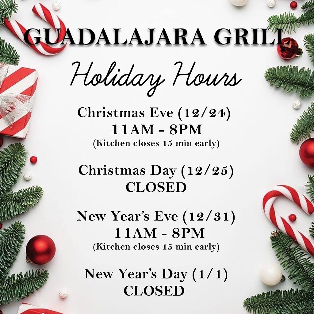 See post for our Holiday Hours of 2023. We will close at 8pm both Xmas Eve and NYE and the Kitchen will close at 7:45pm. Felices Fiestas 🎉🎁

#hotplatehotplate #guadgrill #holidayhours2023 #feliznavidad #holidays #concordeats #eastbayeats #visitconc