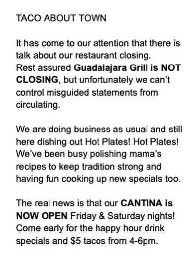Amigos! We are NOT CLOSING. 
The internet can get &ldquo;muy loco&rdquo; so we wrote the above statement to clear up any confusion. 
Thank you for those who reached out to us and expressed genuine concern for our family business. 
We&rsquo;re not goi
