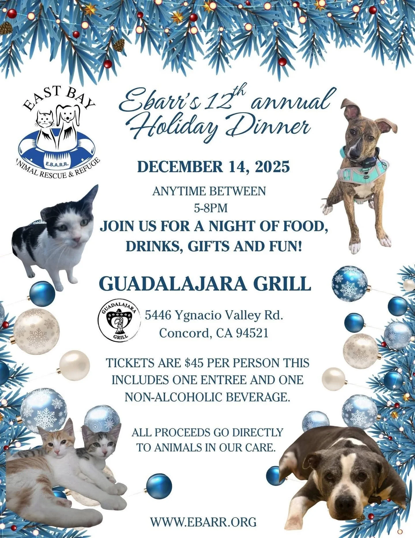 🎄🐾 It&rsquo;s that time of year again! Join Us for EBARR&rsquo;s 12th Annual Holiday Dinner!

Get into the holiday spirit while supporting a great cause! 💙

📅 Date: December 14, 2025
🕔 Time: Anytime between 5&ndash;8 PM
📍 Location: Guadalajara 