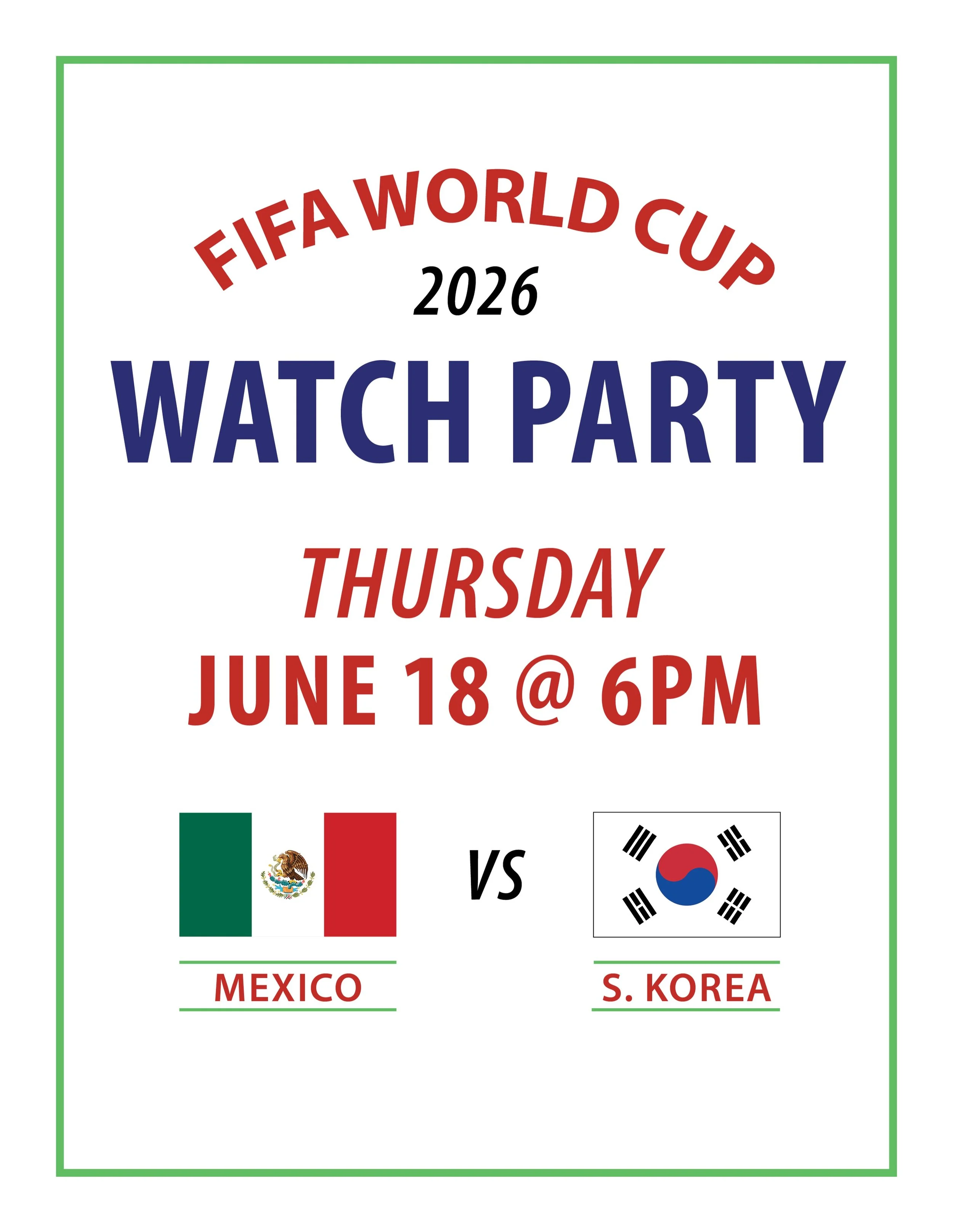 Join us at Guad Grill for the World Cup Watch Party 
Thurs, June 18 @ 6pm
Mexico 🇲🇽 vs South Korea 🇰🇷

🍹 The Cantina will be open starting at 4pm!
🍺🌮 Drink and food specials
📺 Watch on multiple screens

📍Guadalajara Grill
5446 Ygnacio Valley