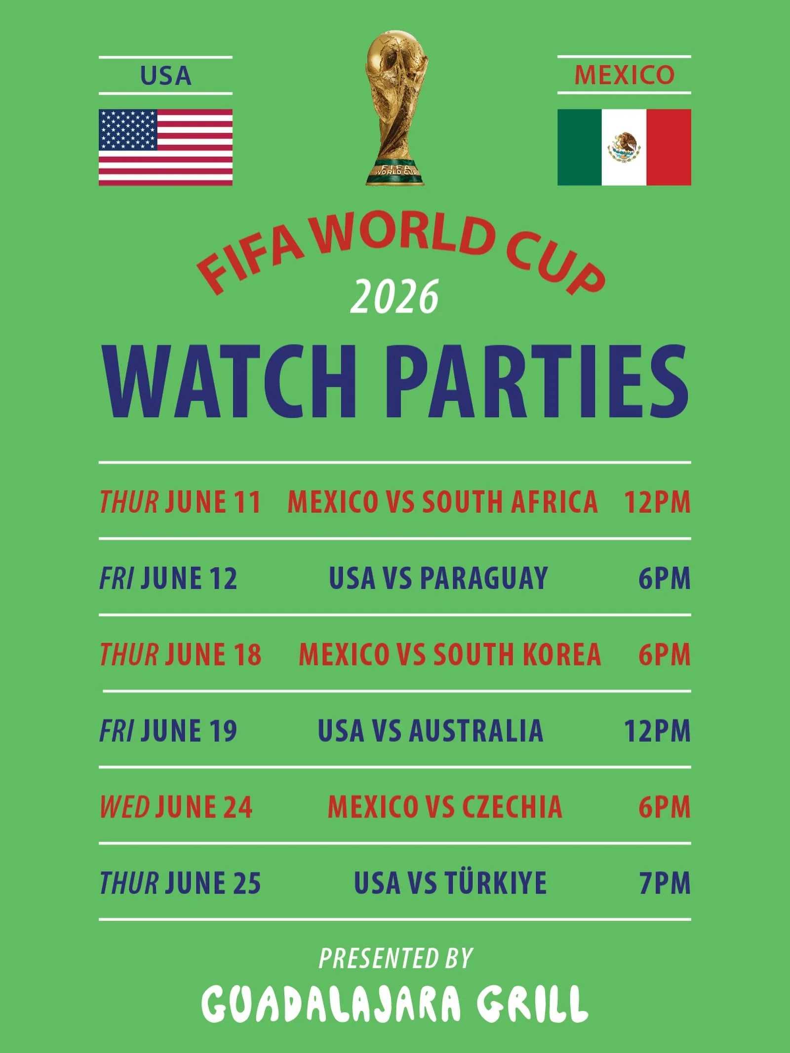 World Cup Watch Parties at Guad Grill!
Join us as we screen the FIFA World Cup Mexico and USA games at La Cantina! Bring your amigos, wear your team colors, and celebrate f&uacute;tbol! 

🍹Margaritas. 🌮Tacos. 🥃Tequila. ⚽️F&uacute;tbol
📺 Watch on 