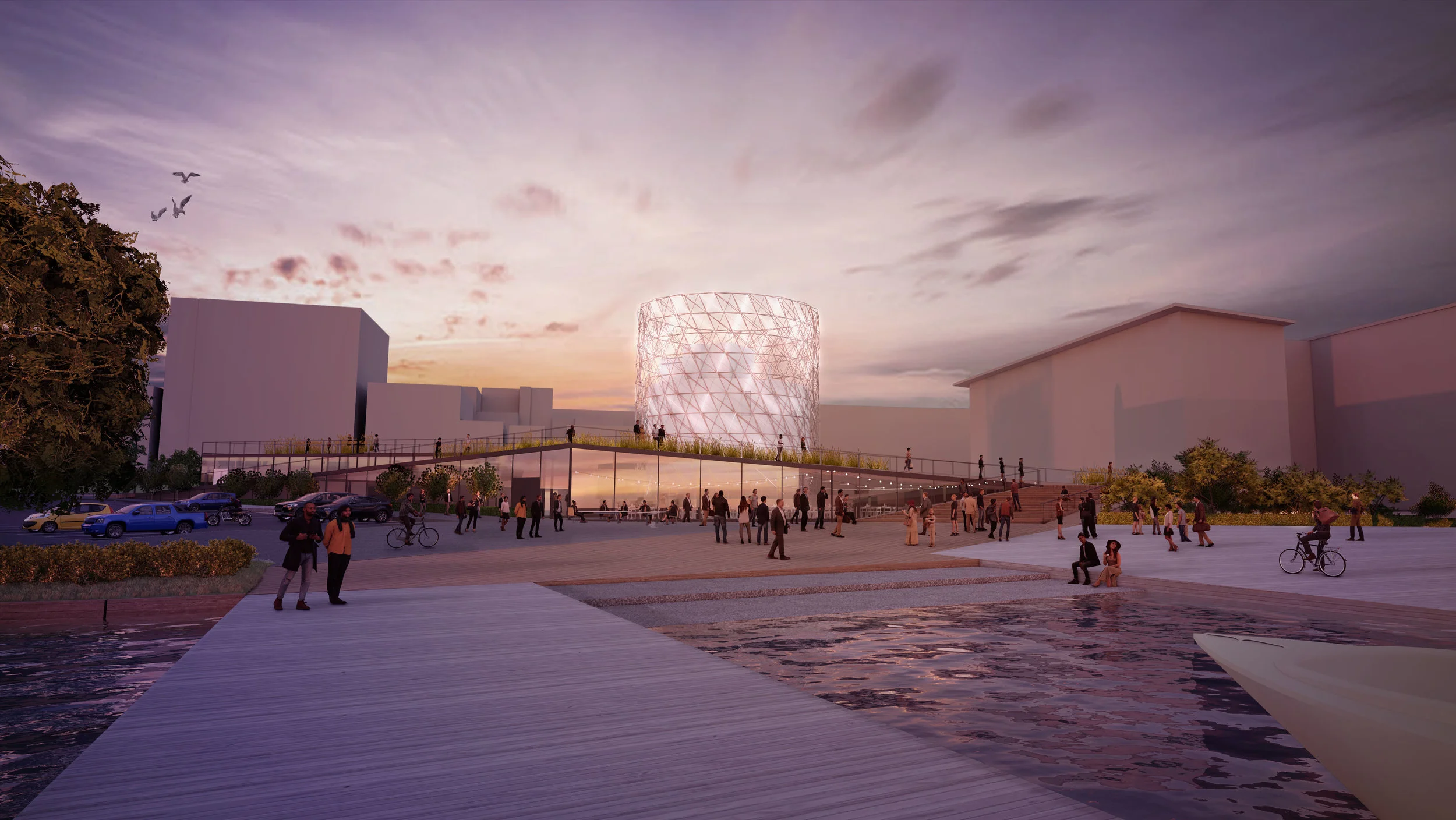 SEATTLE PUBLIC UTILITIES FUTURE pUMP sTATION TOWER, EDGE BUILDING, AND EVENT PLAZA FROM THE NEW 24TH AVENUE PIER.
