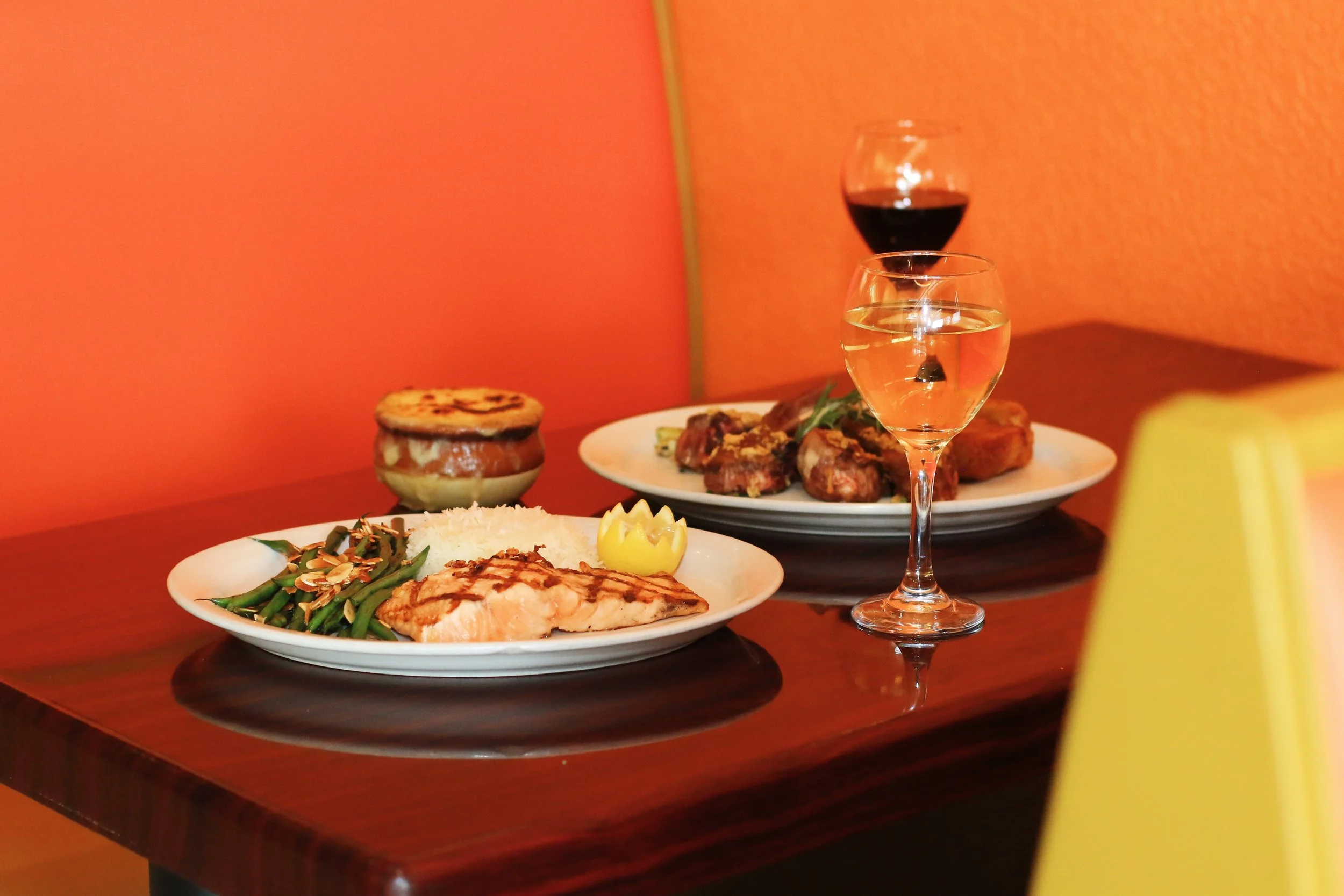 Grilled Salmon, Onion Soup Gratinee, Grilled Lamb Chops