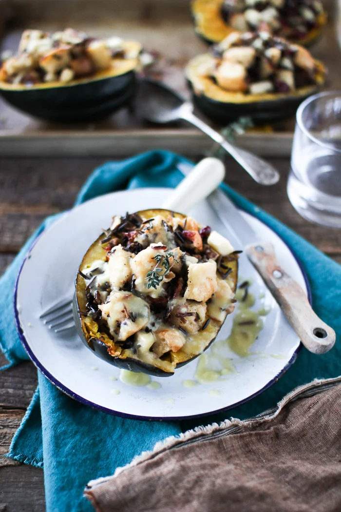 Thanksgiving Squash Boats filled with Wild Rice and Stuffing