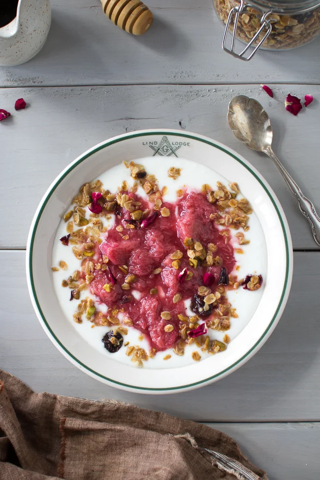 Homemade Yogurt, Pistachio Rose Granola and Vanilla Rhubarb Compote